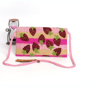 Pink strawberry beaded clutch / handembriodered