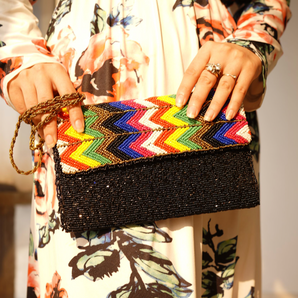 Multi lines/ handembriodered clutch / black