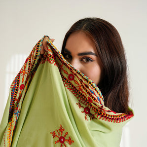 Swiss voil shawl / handembriodered/ pistachio