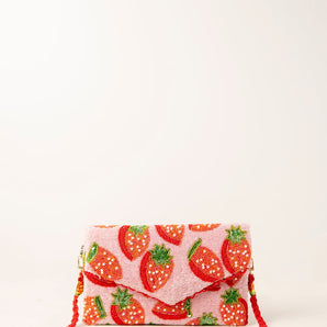 Strawberry beads/ handembriodered clutch /peachy pink