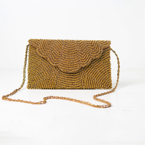 Barrel beads clutch / handembriodered / golden