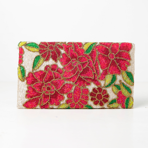 Floral canvas clutch/white  handembriodered