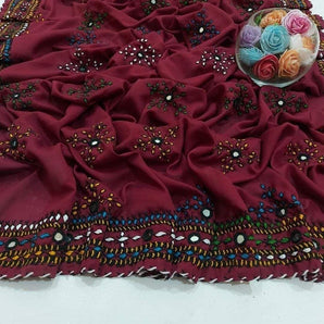 Handembriodered Swiss voil shawl / dark maroon