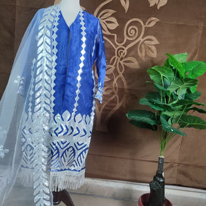 Blue Organza applique gown/ stitched